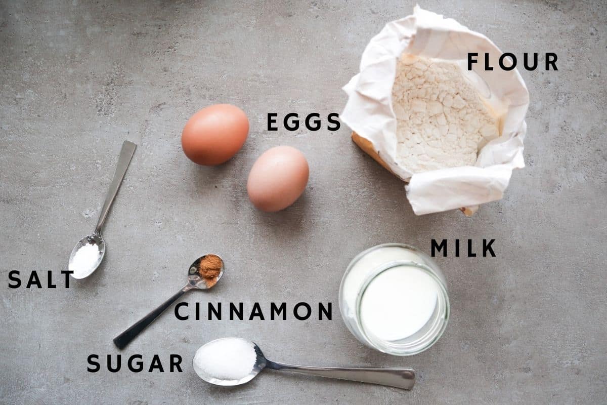 Ingredients overheadshot with flour, milk and eggs