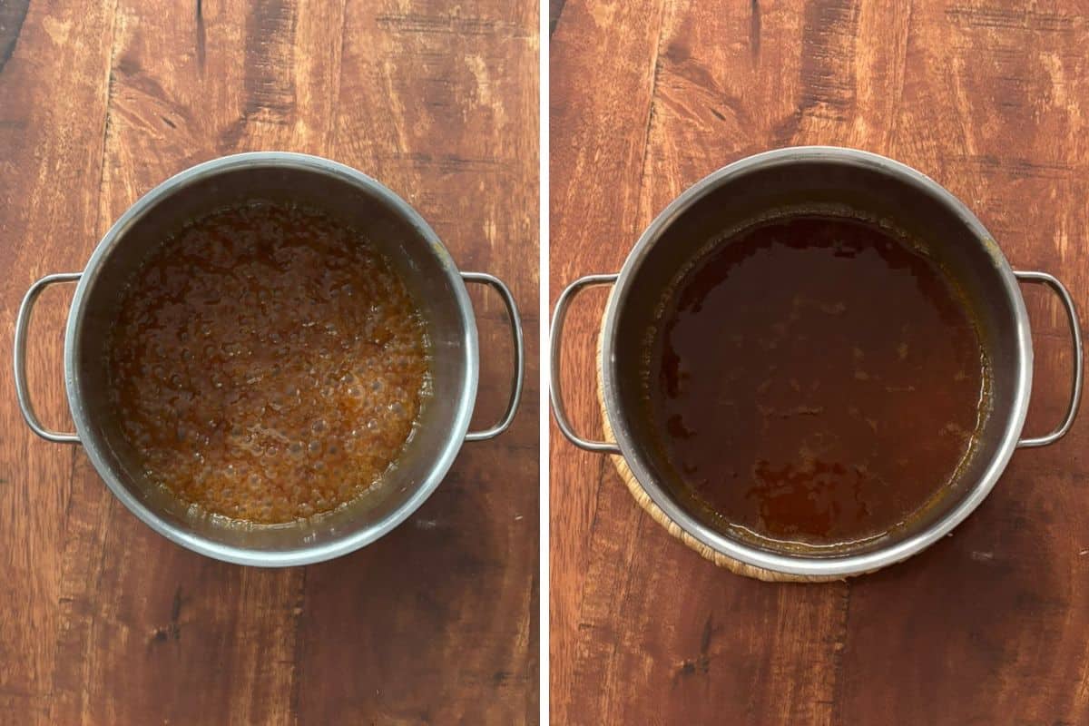 Caramel in a large pan.