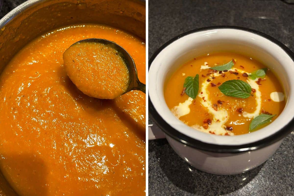 Butternut squash and carrot soup in a collage.